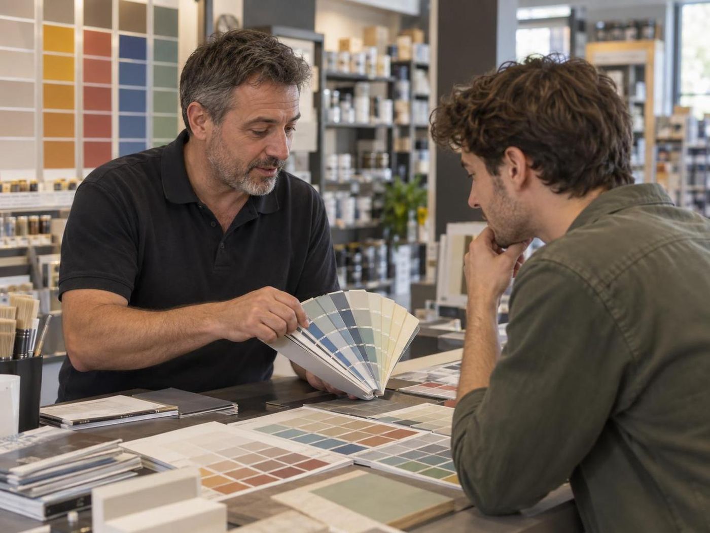 Consulenza al bancone: un addetto mostra le cartelle colori a un cliente