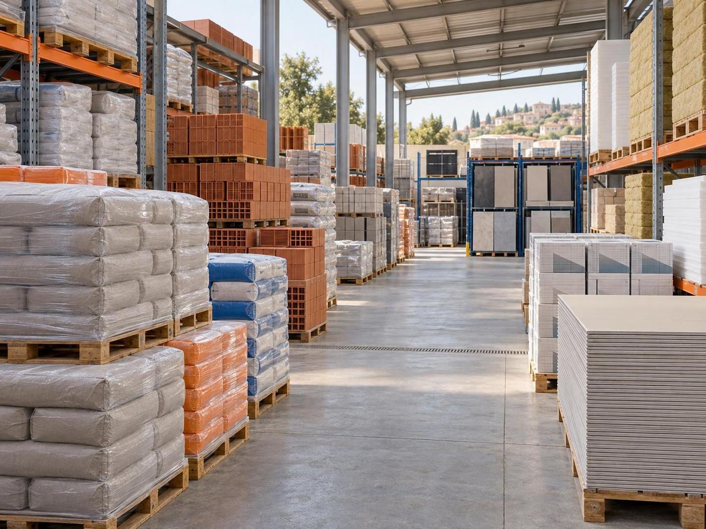 Reparto edilizia: bancali ordinati con materiali da costruzione