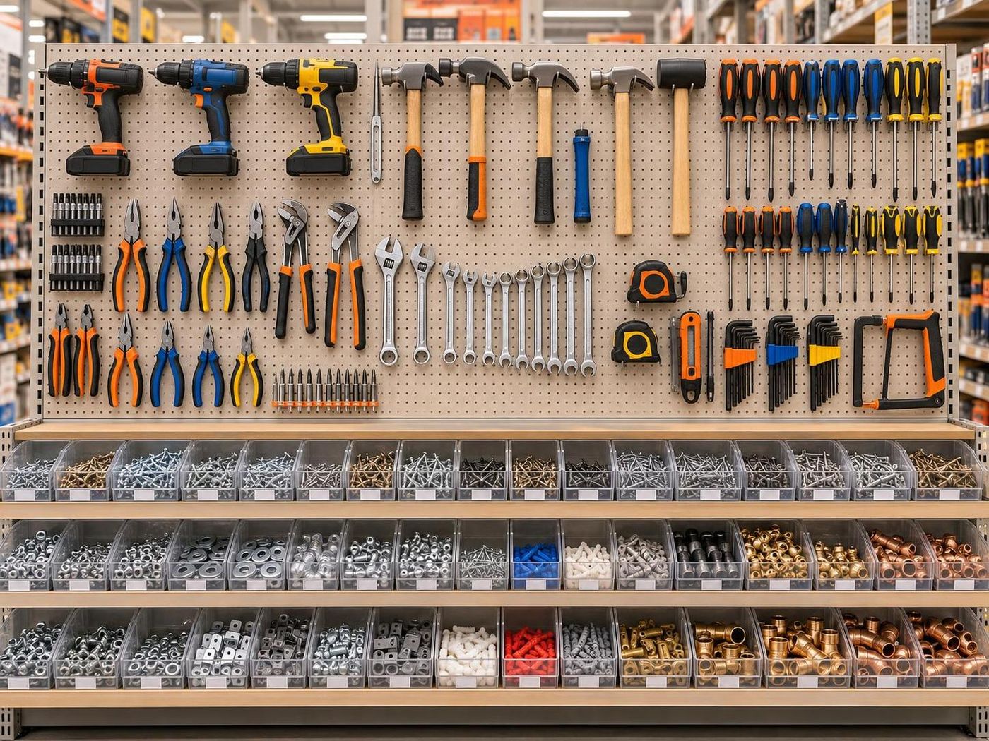Reparto ferramenta: parete di utensili e utensileria ordinati